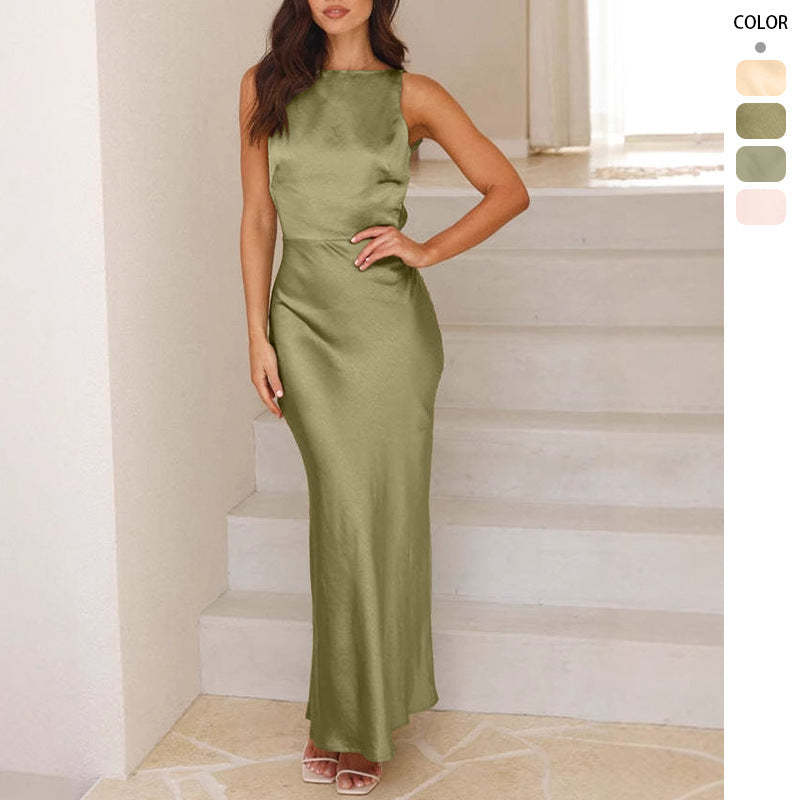 Damen Maxikleid Schmal Satin Schwarz Eveloria - Eveloria