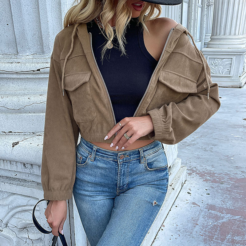 Damen Cordjacke Kurz Kapuze mit Taschen Olivgrün