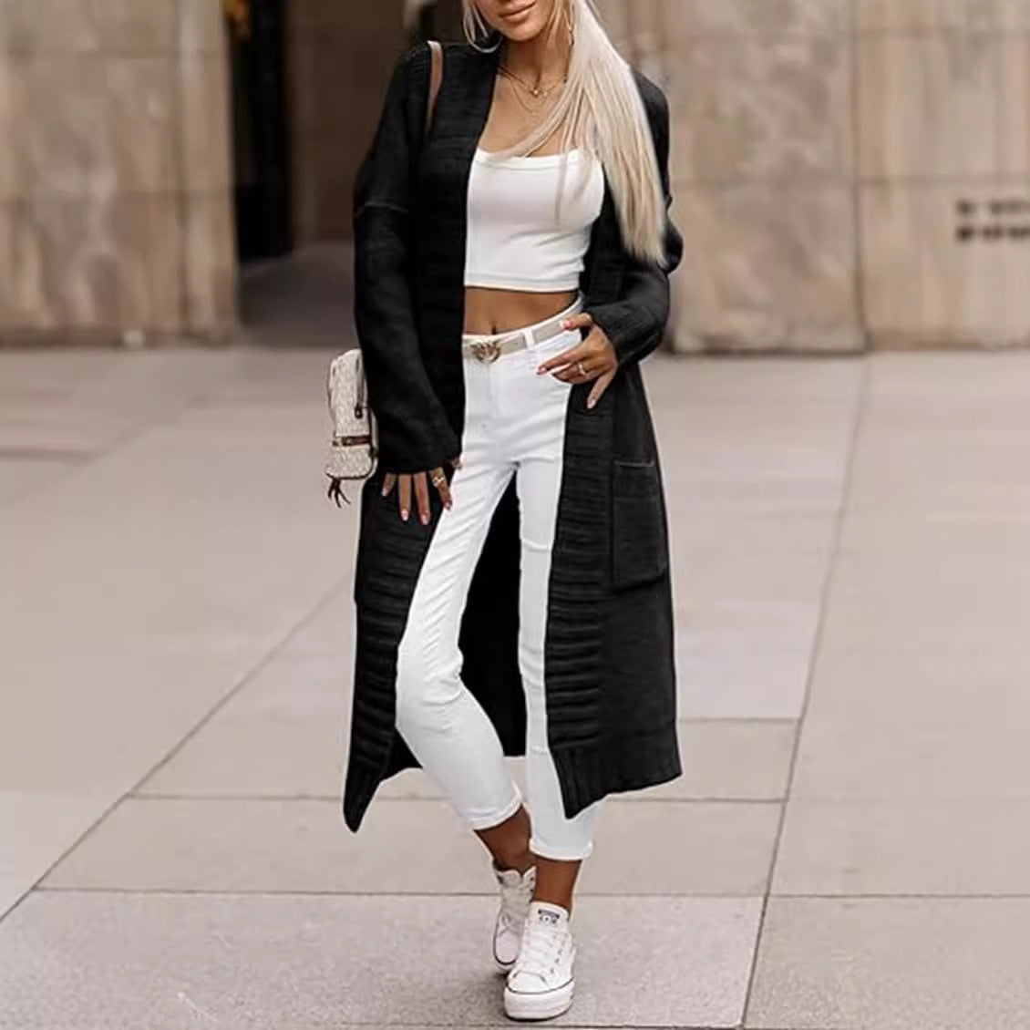 Damen Strickcardigan Lässig Mit Taschen Beige