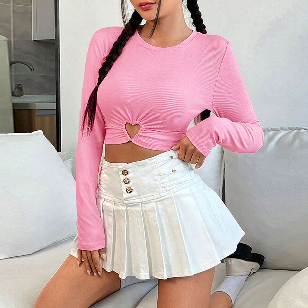 Damen Cropped Langarmshirt Herz-Ausschnitt Raffung