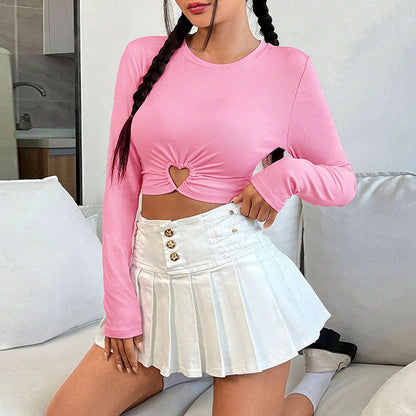 Damen Cropped Langarmshirt Herz-Ausschnitt Raffung