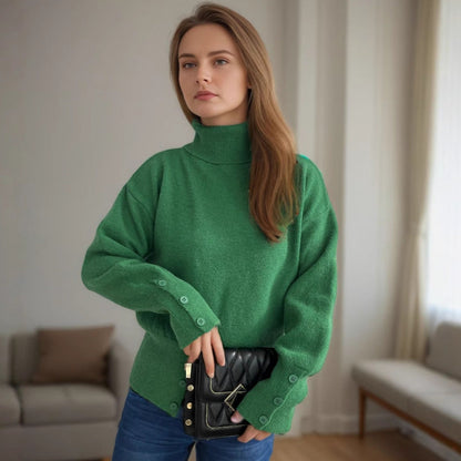Damen Rollkragenpullover Knopfdetails Eveloria