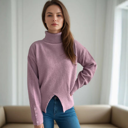 Damen Rollkragenpullover Knopfdetails Eveloria