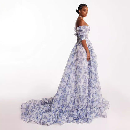 Damen Maxikleid Schulterfrei Florale Rüschendetails Eveloria
