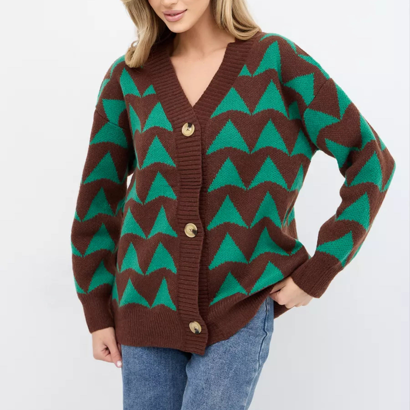 Damen Cardigan Wellenmuster Golden Knöpfe Eveloria