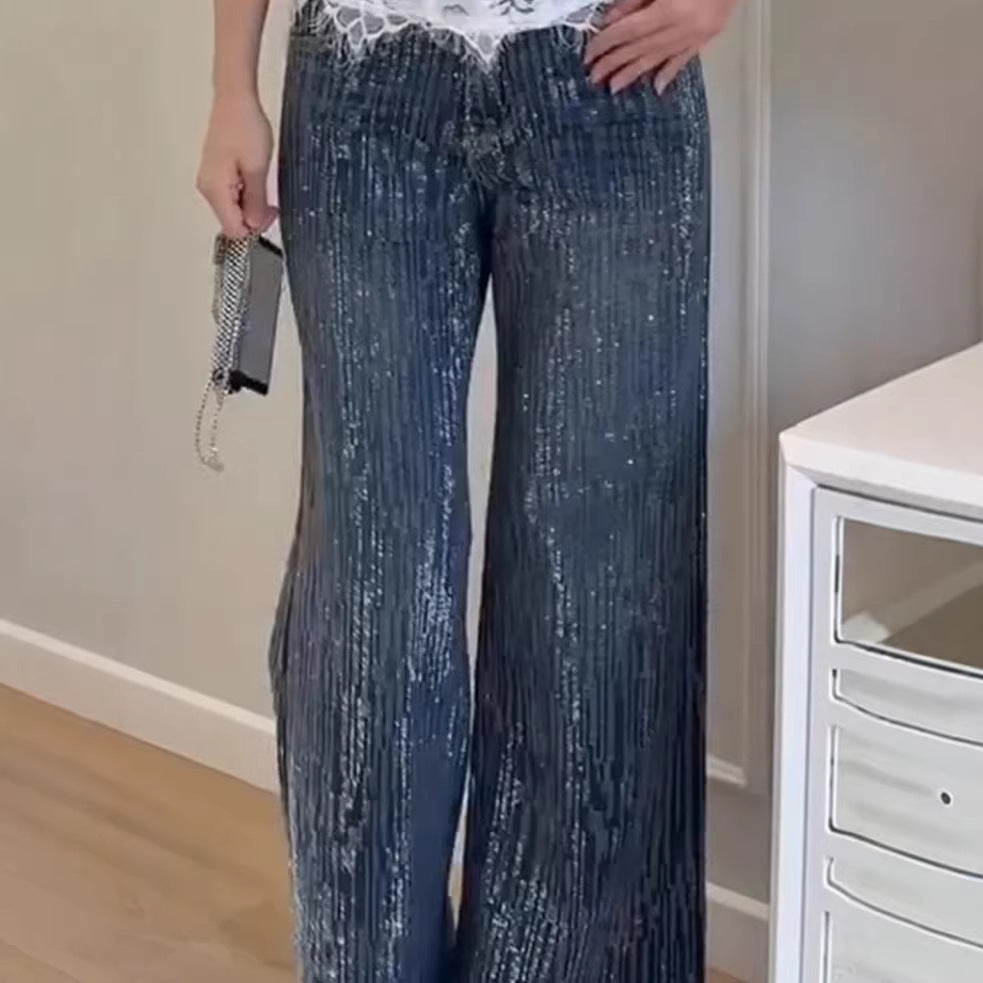 Damen Glitzer Jeans Weit Geschnitten Elegant Blau - Eveloria