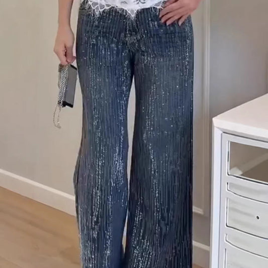 Damen Glitzer Jeans Weit Geschnitten Elegant Blau - Eveloria