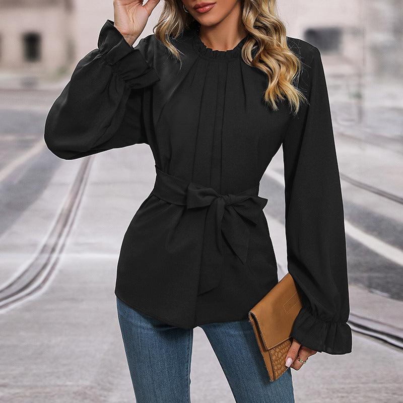 Damen Bluse Rüschendetails Taillengürtel Eveloria