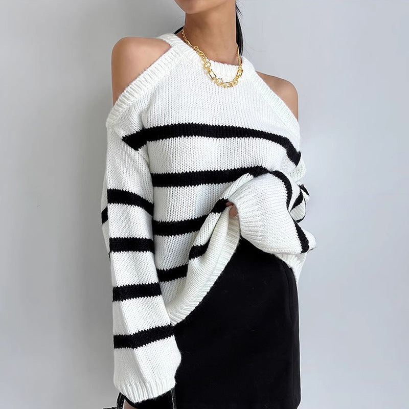 Damen Oversized Pullover Offene Schulter Streifenmuster Eveloria