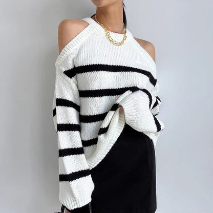 Damen Oversized Pullover Offene Schulter Streifenmuster Eveloria