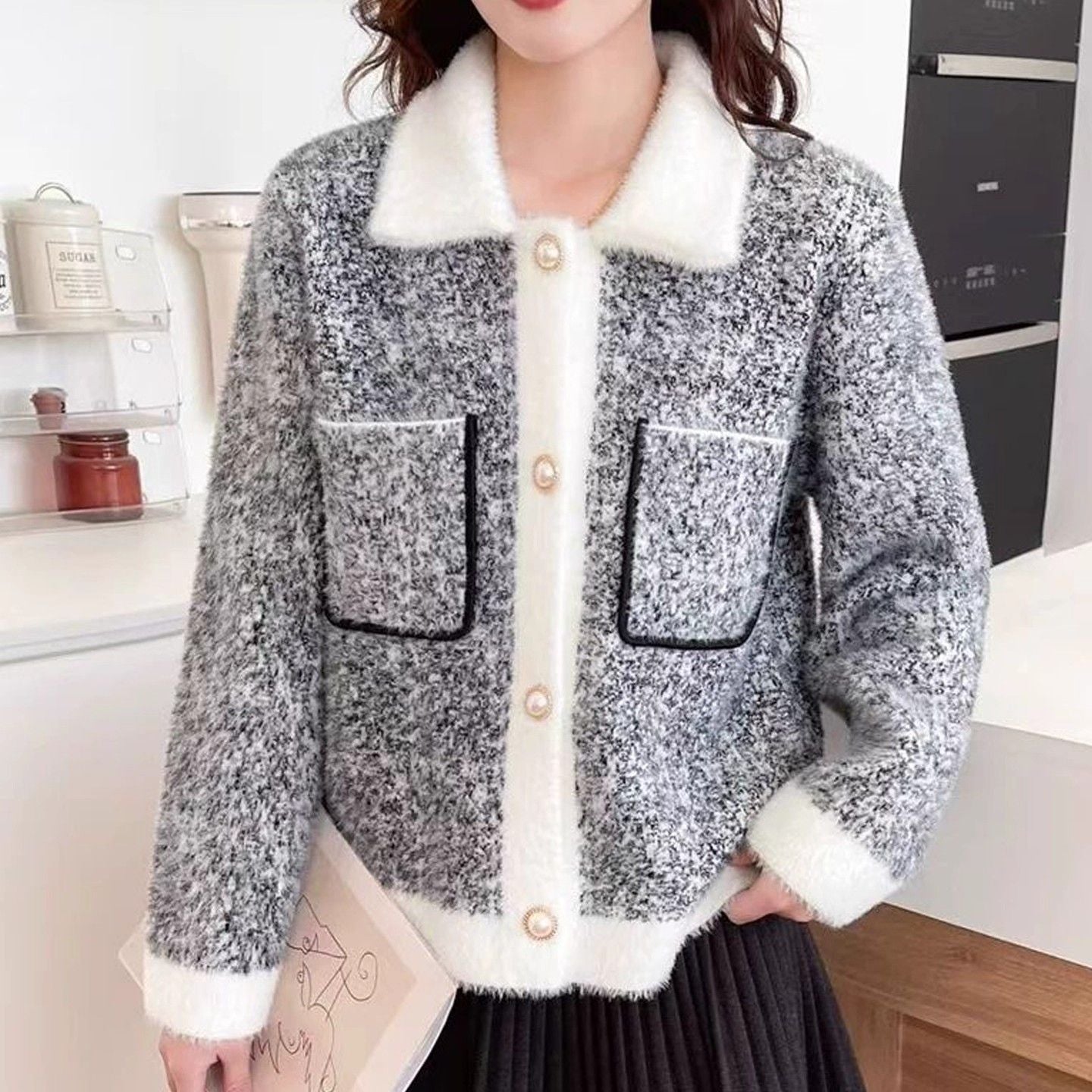 Damen Jacke Kuschelig Kontrasttaschen Eveloria