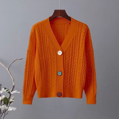 Damen Grobstrickjacke V-Ausschnitt Dekorative Knöpfe Eveloria