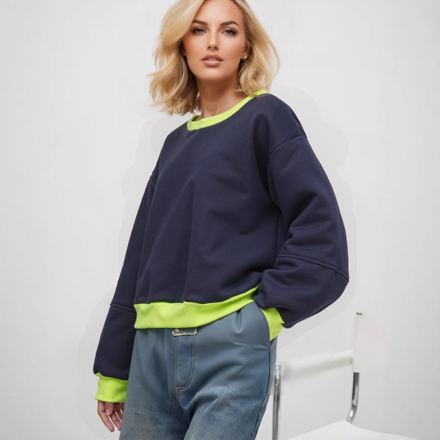 Damen Sweatshirt Lässig Kontrastbündchen Modern Schnitt Grau