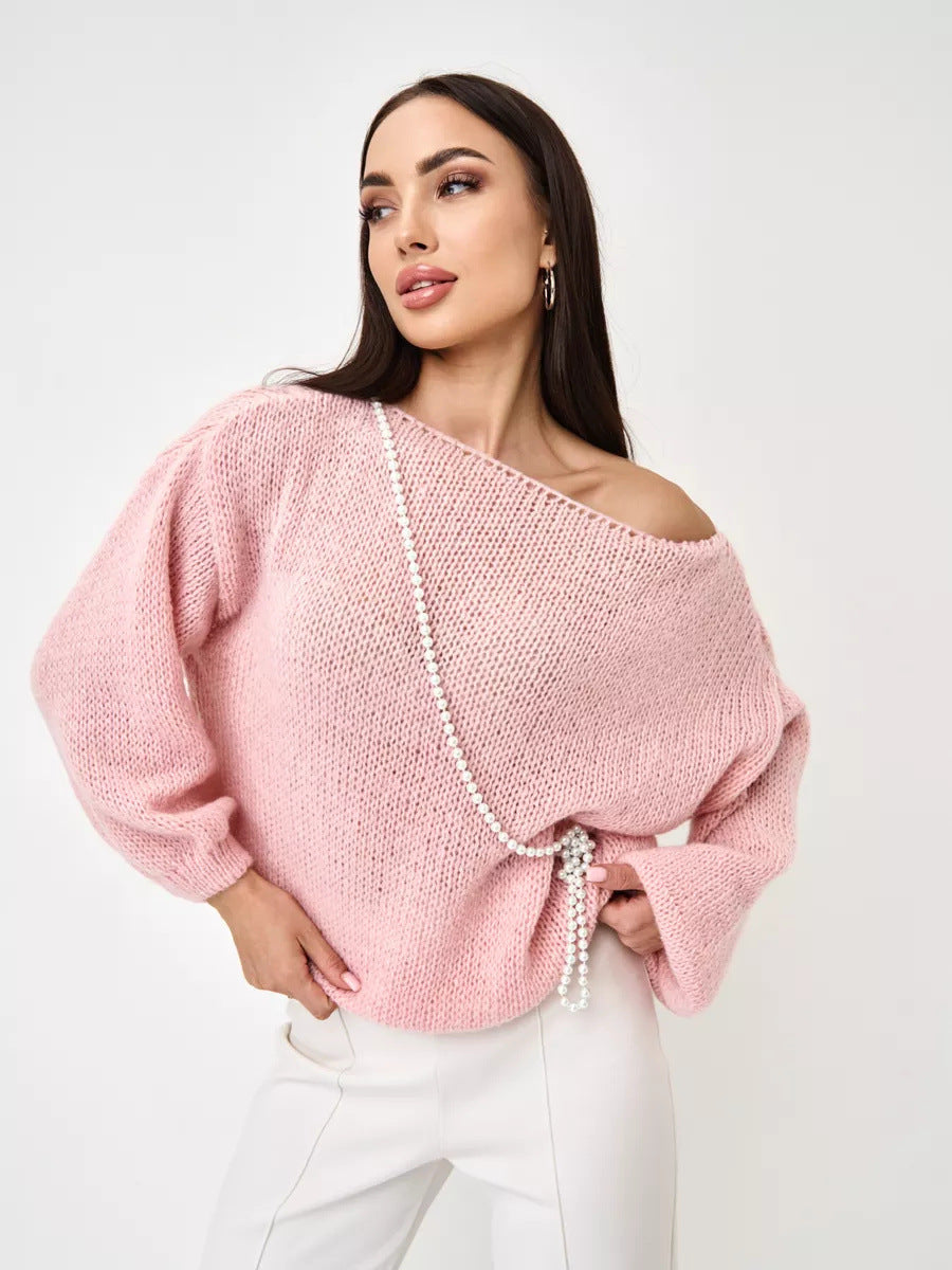 Damen Grobstrickpullover Weite Ärmel Rundhals Eveloria