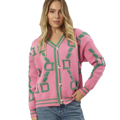Damen Strickjacke Bunt Geometrisches Muster Knöpfe Eveloria