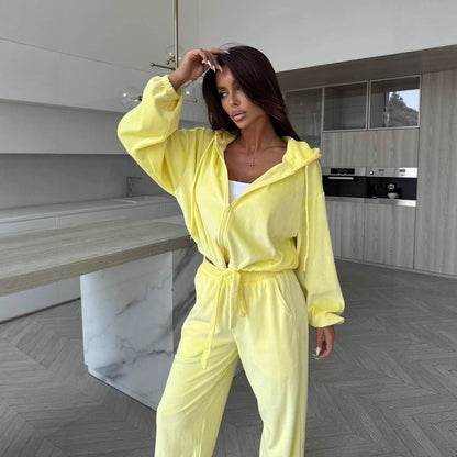 Damen Fleece-Loungewear-Set mit Kapuze und weitem Schnitt