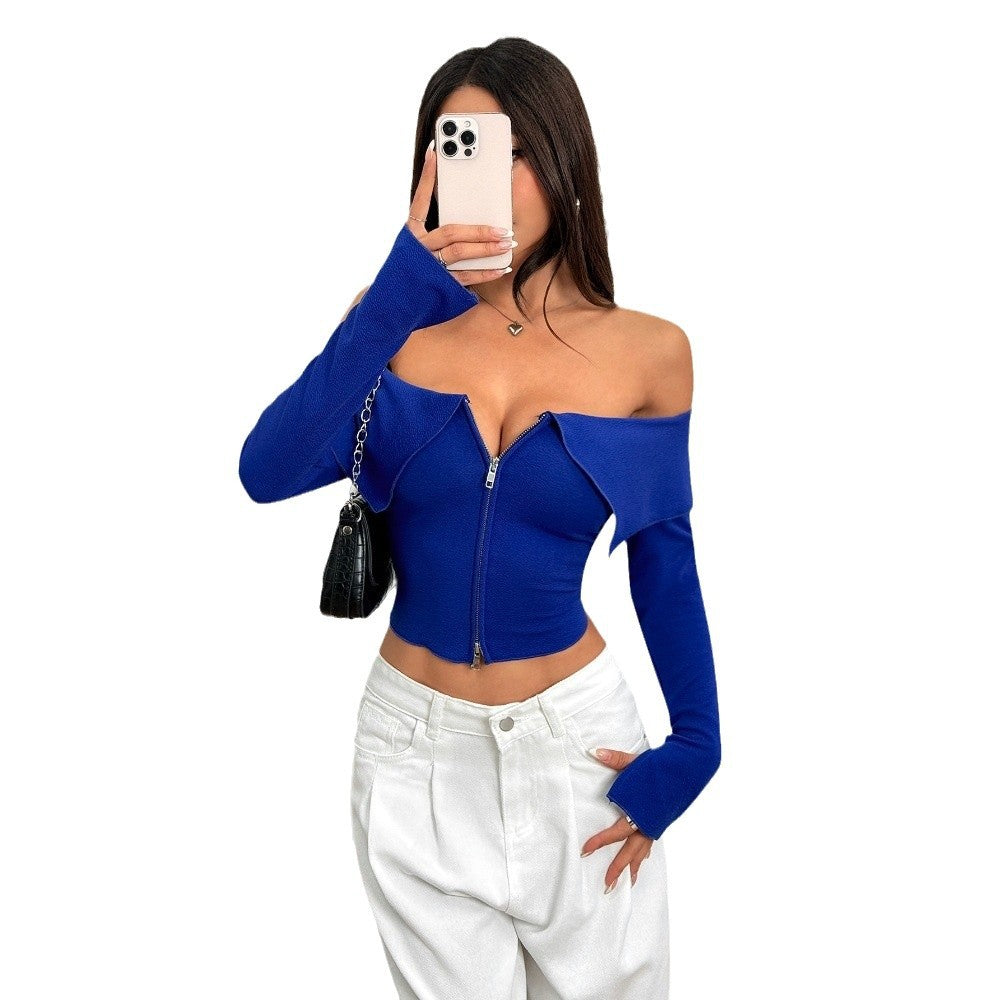 Damen Oberteil Cropped Asymmetrischer Reißverschluss Schulterfrei