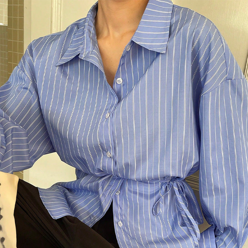 Damen Bluse mit Bindeband Streifenmuster Elegant