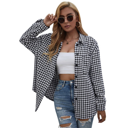 Damen Hemdjacke Hahnentritt-Muster Locker Passform Blauweiß