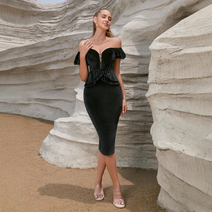 Damen Abendkleid Tailliert Schulterfrei Rüschendetails Eveloria