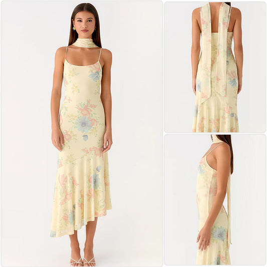 Damen Maxikleid Blumiges Chiffon Neckholder Elegant Blau - Eveloria
