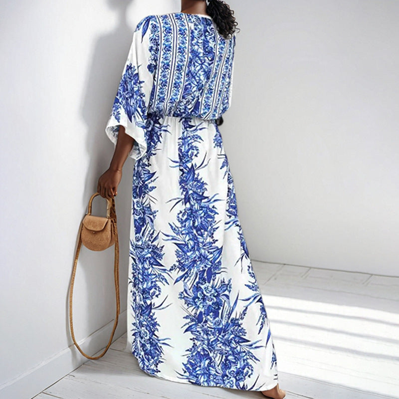 Damen Maxikleid Florales Design Weite Ärmel Eveloria