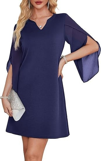 Damen V-Ausschnitt Kleid transparente Ärmel Eveloria