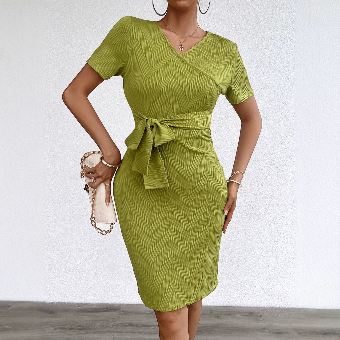 Damen Wickelkleid Gerippter Stoff Taillengürtel Eveloria