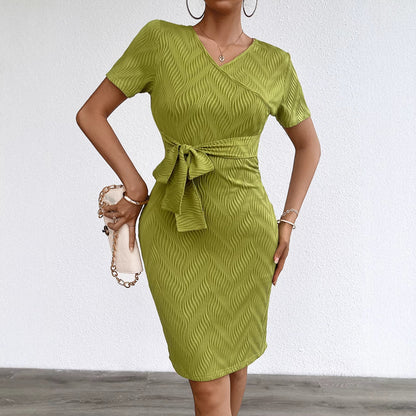 Damen Wickelkleid Gerippter Stoff Taillengürtel Eveloria