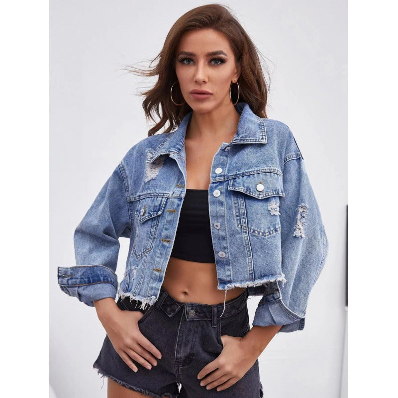 Damen Denimjacke Distressed Blau
