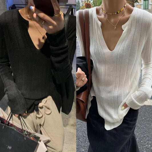 Damen Grobstrickpullover V-Ausschnitt Länge Lang Ärmel Beige - Eveloria