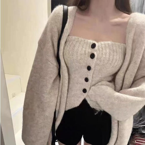 Damen Cardigan Offene Front Knopfverschluss Beige