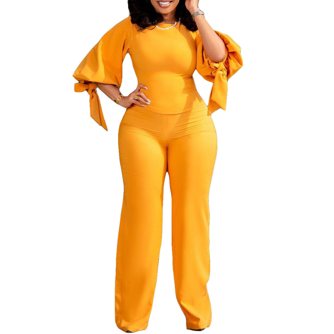 Damen Jumpsuit Trompetenärmel Bindeband Elegant