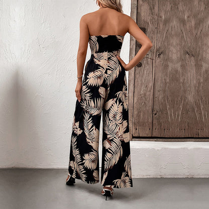 Damen Strapless Jumpsuit Floralem Print Taillengürtel Eveloria