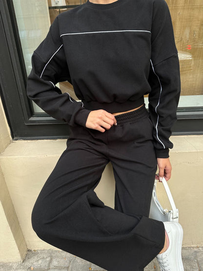 Damen Sportset Elastischer Bund Kontrastnähte Hose Oberteil Eveloria