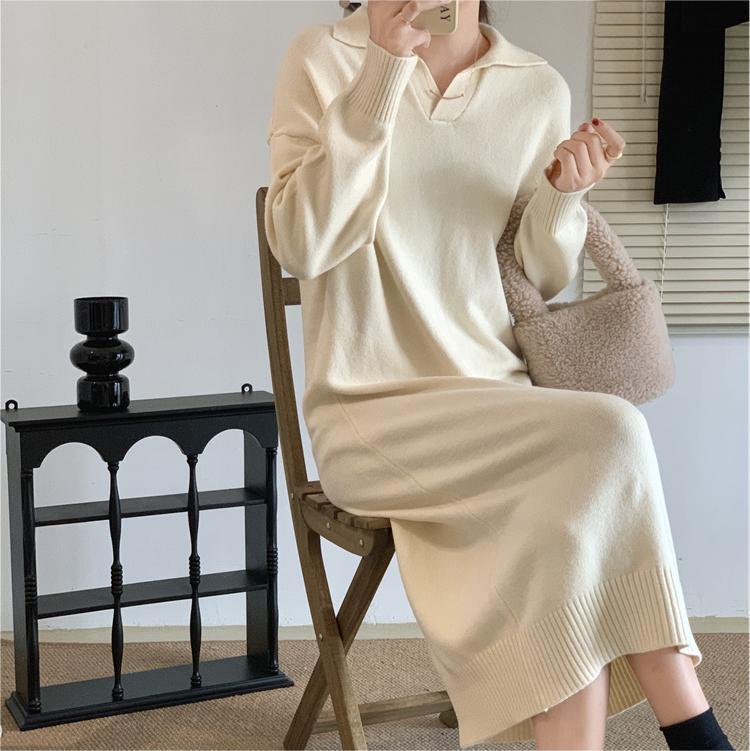 Damen Polo-Kleid Langarm Weiches Strickmaterial Eveloria