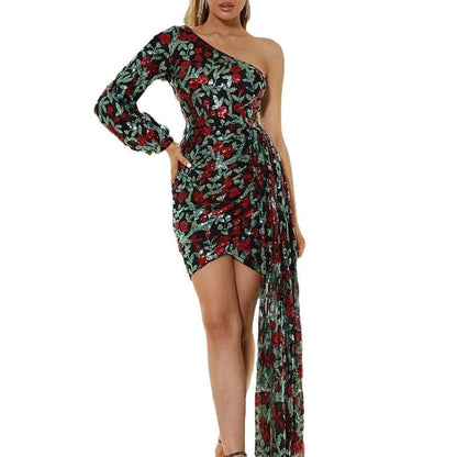 Damen Asymmetrisches Paillettenkleid mit Schleppe