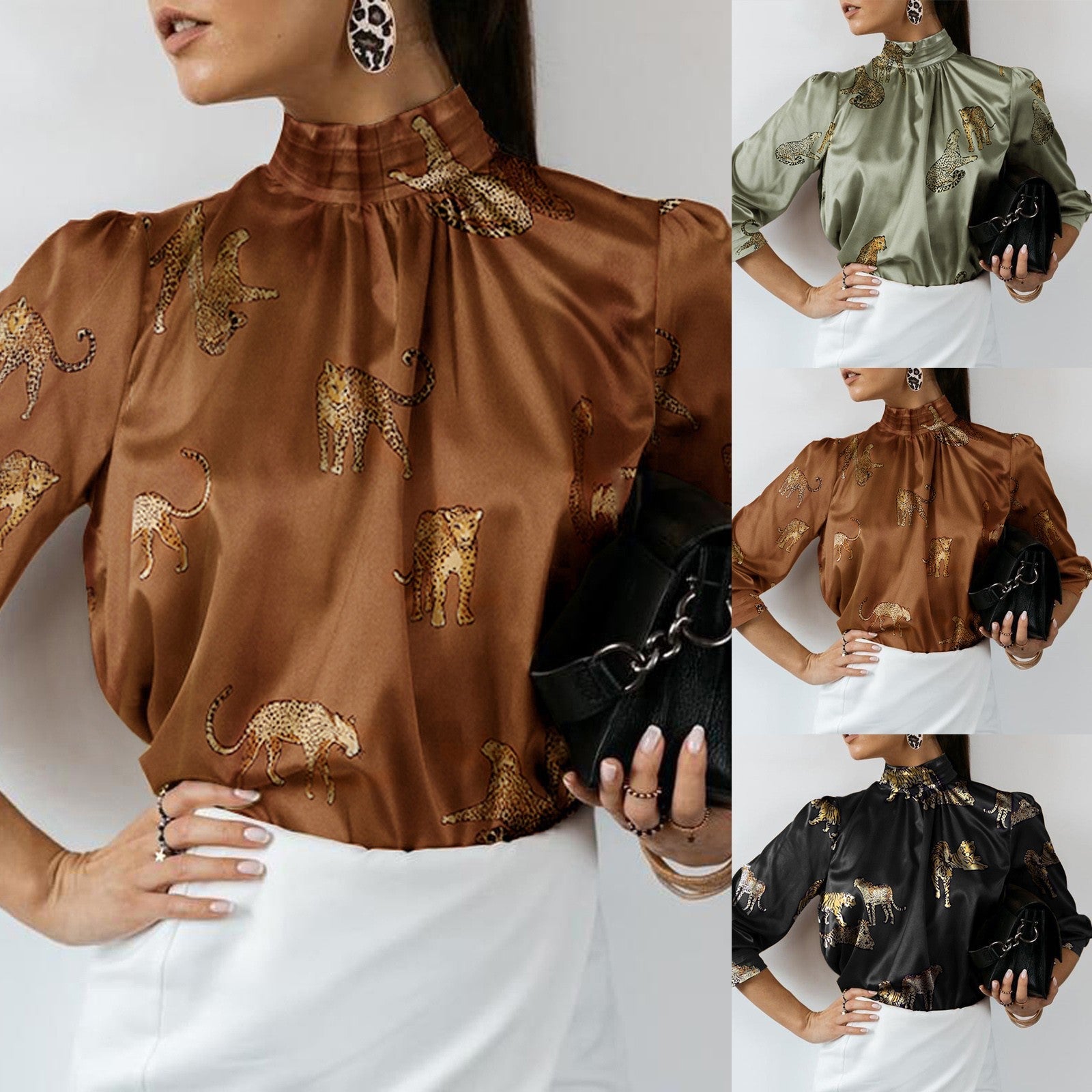 Damen Langarmbluse Tierprint Stehkragen Eveloria - Eveloria
