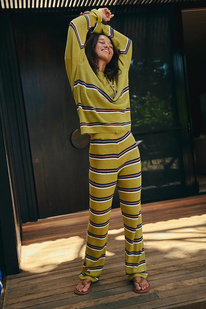 Damen Loungewear Set Streifen Weit Oberteil Bequeme Hosen