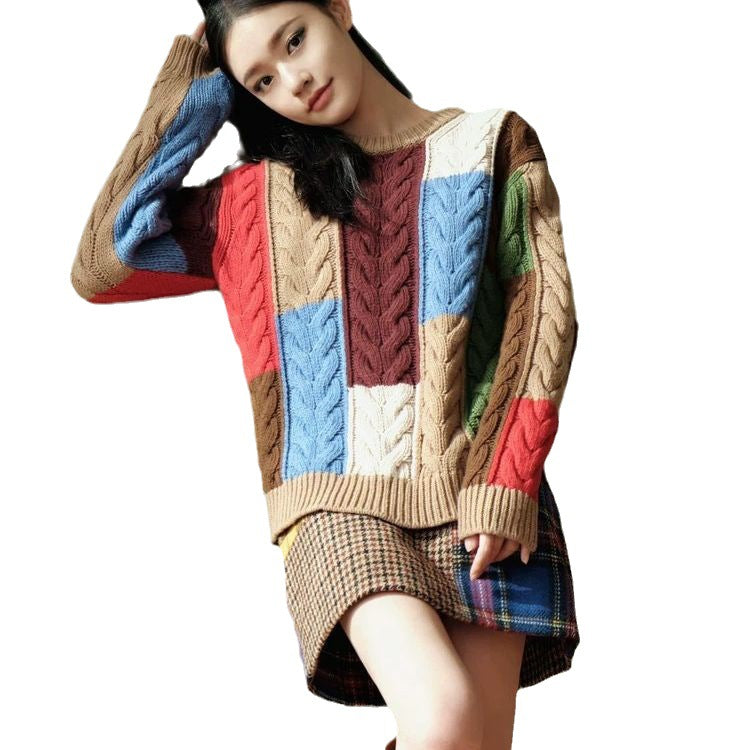 Damen Grobstrickpullover Bunt Patchwork-Muster