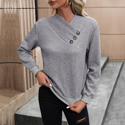 Damen Sweatshirt Strukturiert Modische Knöpfe Grau Eveloria