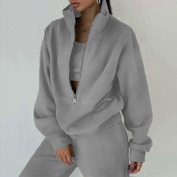 Damen Fleece-Pullover Hochkragen Reißverschluss Kuschelig Grau