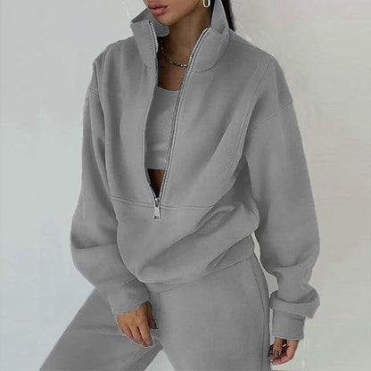 Damen Fleece-Pullover Hochkragen Reißverschluss Kuschelig Grau
