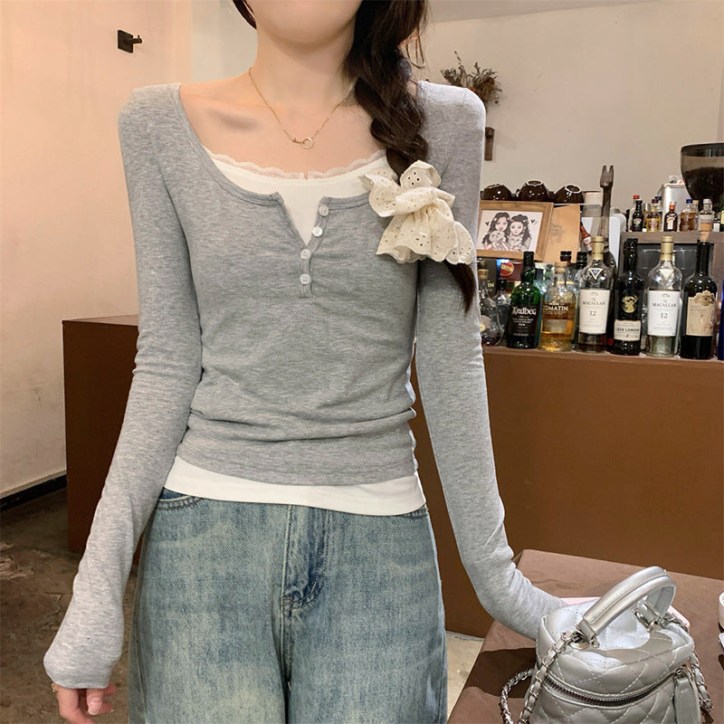 Damen Langarmshirt Knopfverschluss Schleife Weiss Eveloria