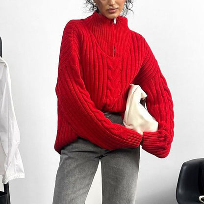 Damen Grobstrickpullover Zip-Kragen Zopf-Design Eveloria