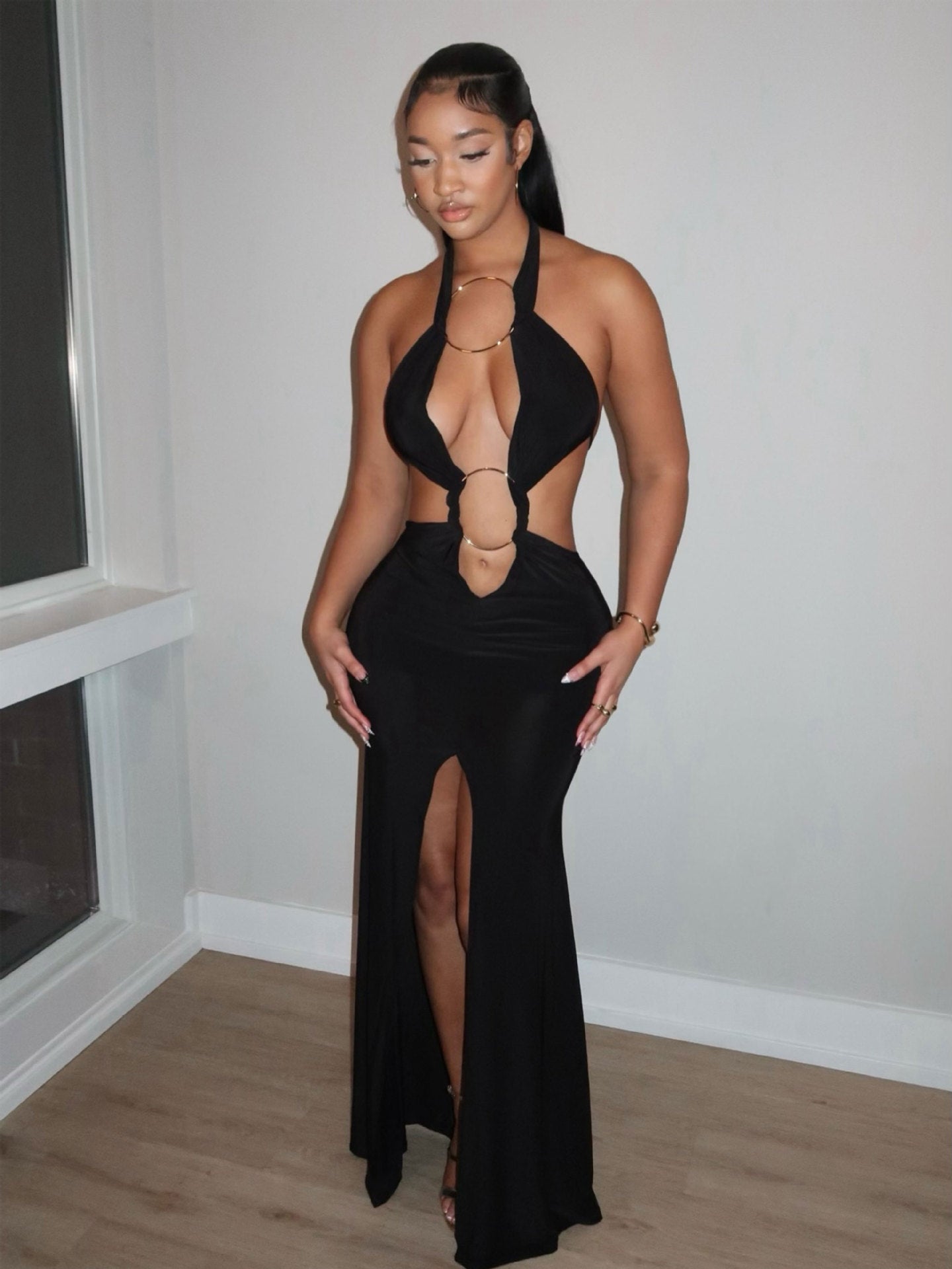 Damen Maxikleid V-Ausschnitt Raffung Elegant Eveloria