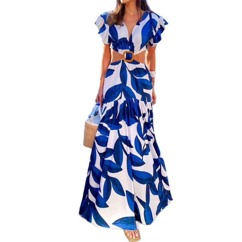 Damen Maxikleid Gewellte Ärmel Elastischer Taillengürtel Eveloria