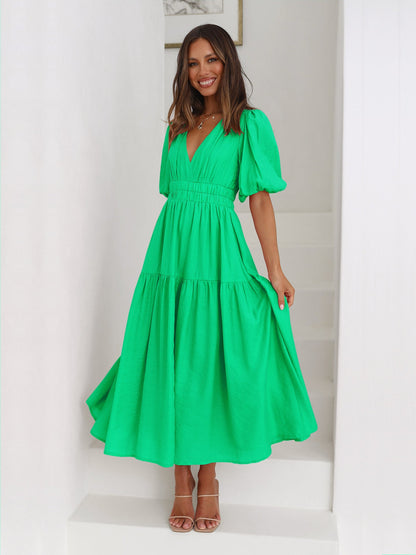 Damen Maxikleid V-Ausschnitt Puffärmel Eveloria