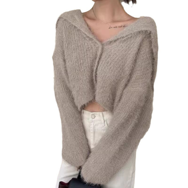 Damen Kurzstrickjacke mit Kapuze Weiches Material Beige