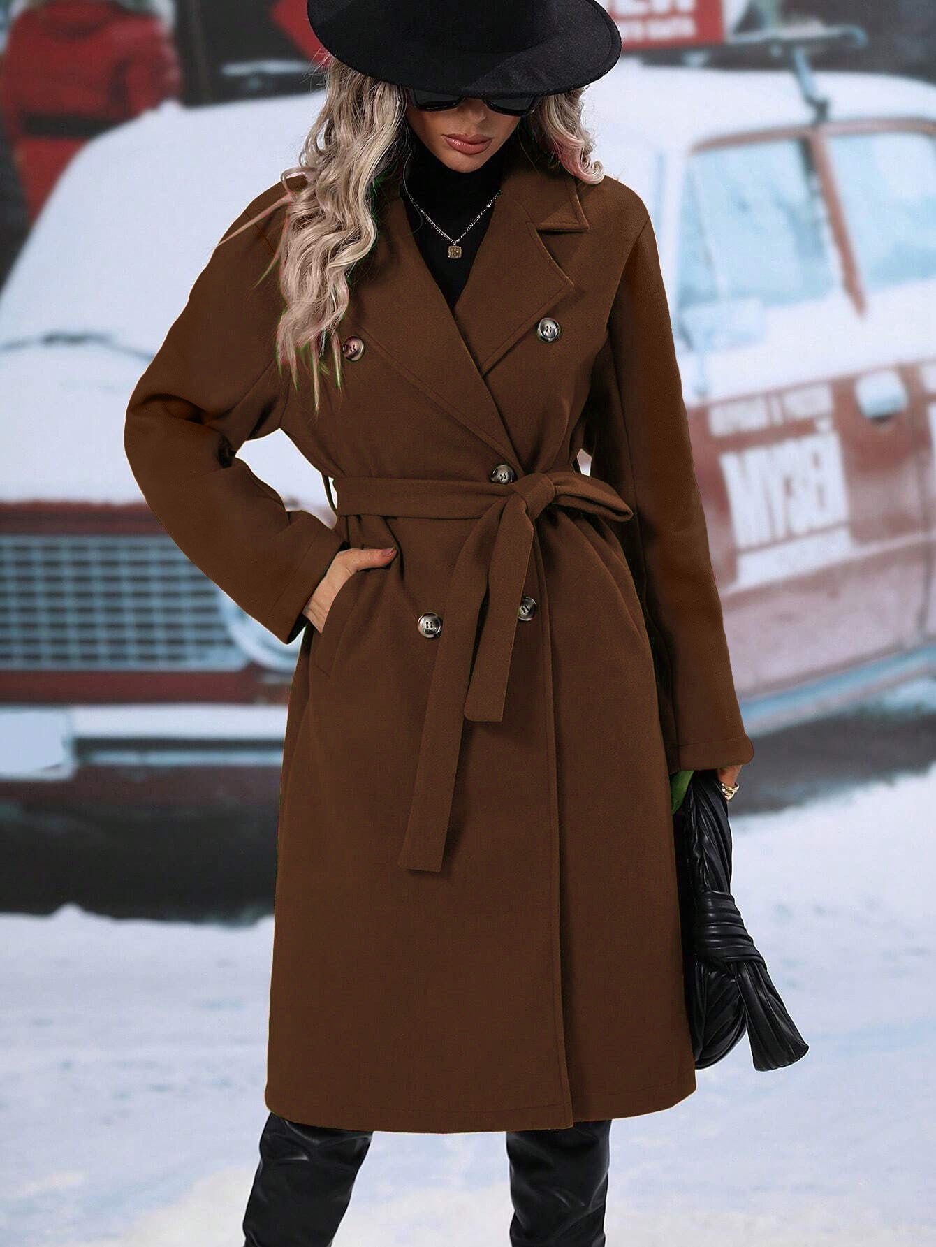 Damen Oversized-Mantel Doppelter Knopfleiste Gürtel Eveloria
